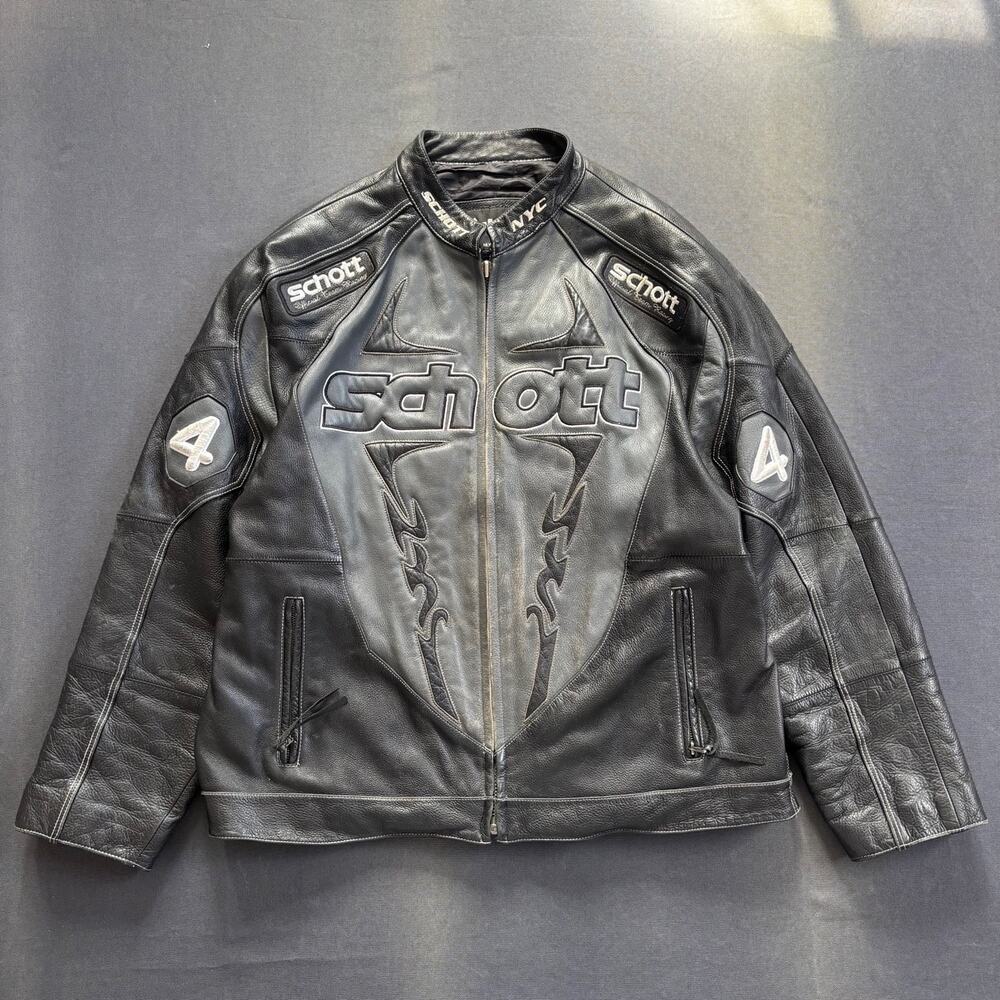 Vintage Schott NYC Leather Racing Jacket Black Grey Padded Logo Zip Front Sz 2XL